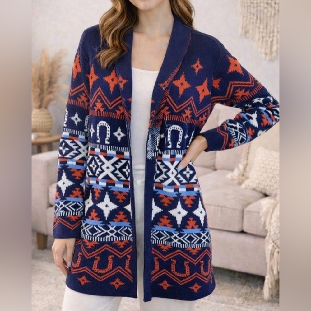 Lucky Brand NWT Open Front Cardigan Sweater with Southwestern Aztec Pattern.